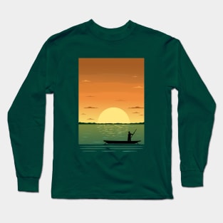 Sunset and the fisher in minimalist artwork Long Sleeve T-Shirt